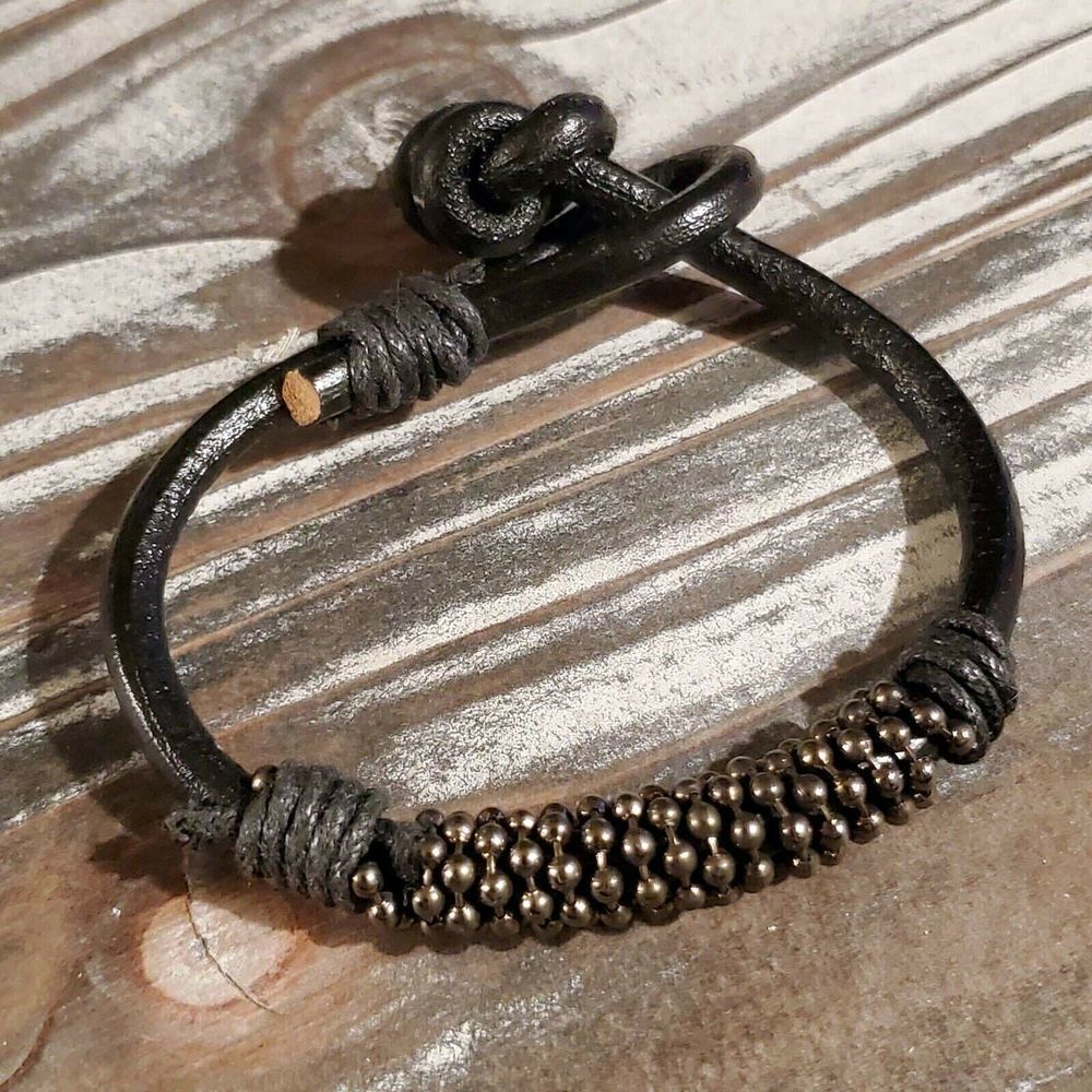 Thick Black Goat Leather Vintage India Hand Crafted Gunmetal Beads Bracelet